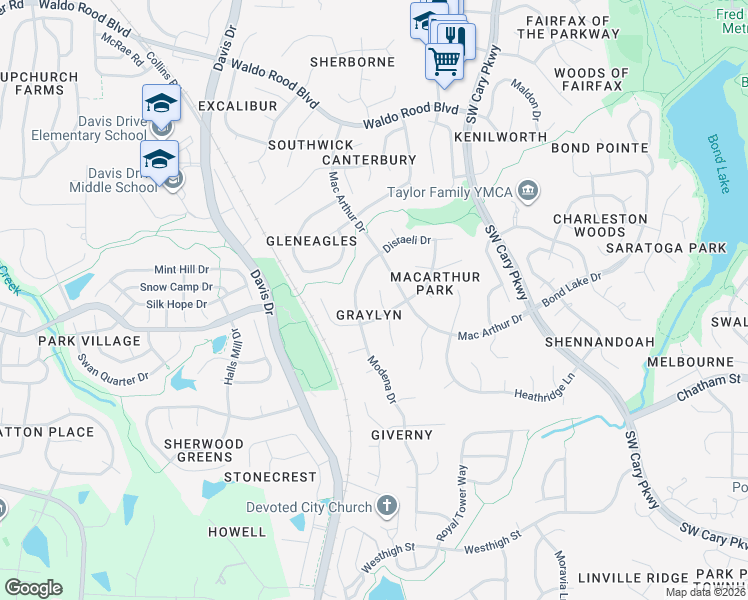 map of restaurants, bars, coffee shops, grocery stores, and more near 103 Merowe Court in Cary