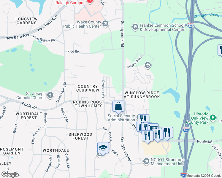 map of restaurants, bars, coffee shops, grocery stores, and more near 3209 Poole Road in Raleigh
