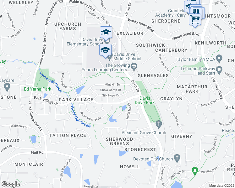 map of restaurants, bars, coffee shops, grocery stores, and more near 210 Silk Hope Drive in Cary