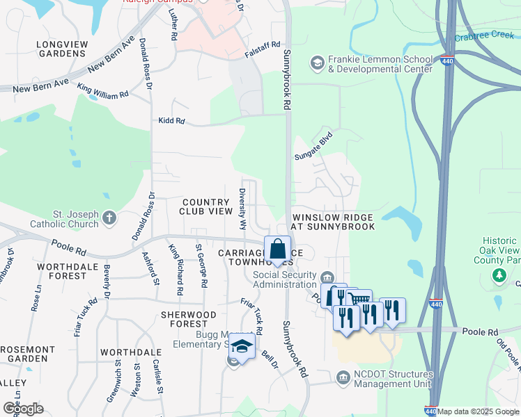 map of restaurants, bars, coffee shops, grocery stores, and more near 403 Sustainable Way in Raleigh