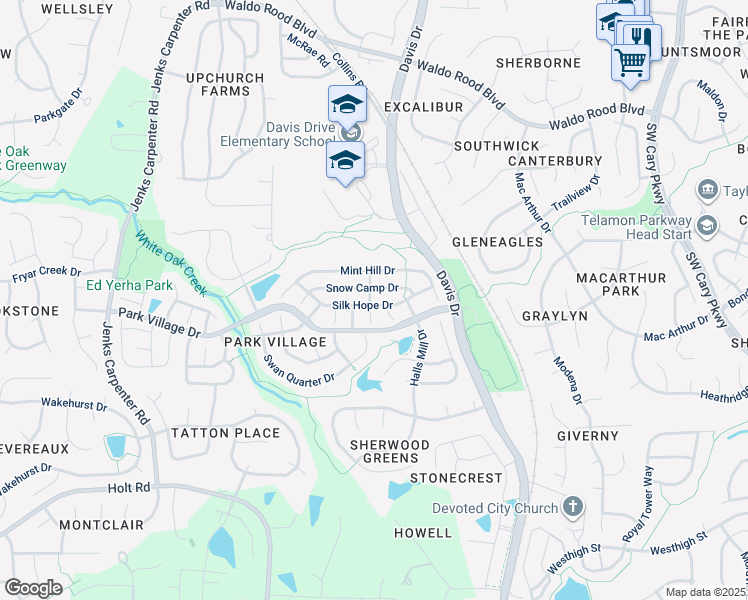 map of restaurants, bars, coffee shops, grocery stores, and more near 214 Silk Hope Drive in Cary