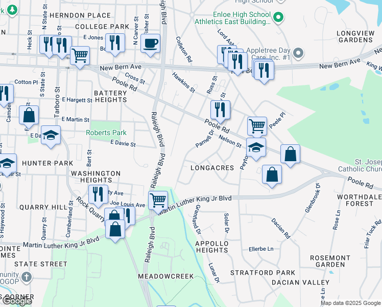 map of restaurants, bars, coffee shops, grocery stores, and more near 453 Parnell Drive in Raleigh
