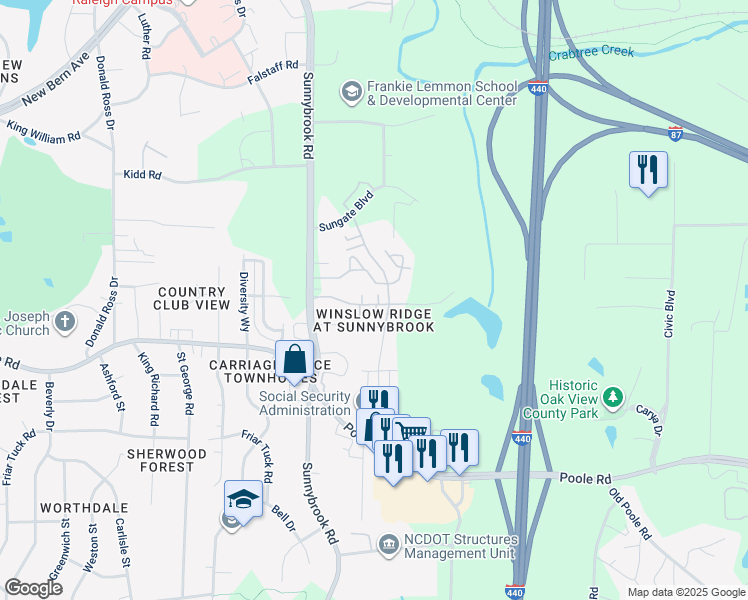 map of restaurants, bars, coffee shops, grocery stores, and more near 509 Erie Road in Raleigh