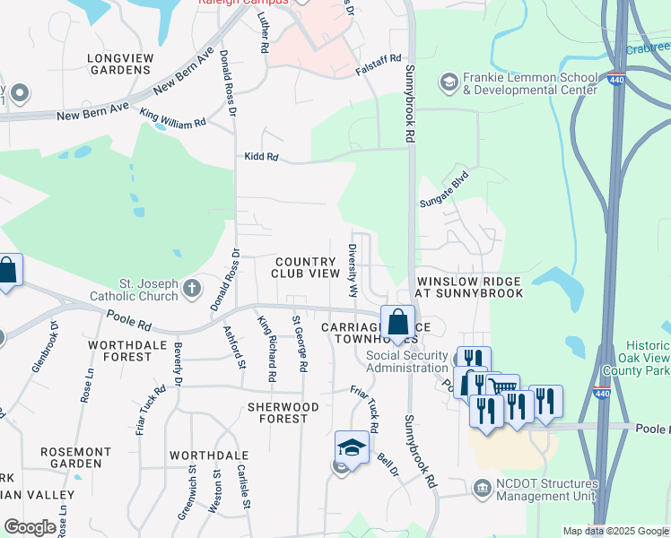 map of restaurants, bars, coffee shops, grocery stores, and more near 635 Rawls Drive in Raleigh