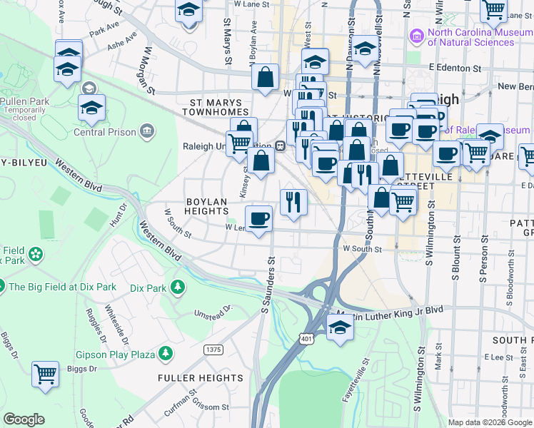 map of restaurants, bars, coffee shops, grocery stores, and more near 516 South Saunders Street in Raleigh