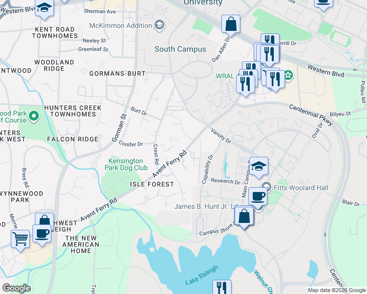 map of restaurants, bars, coffee shops, grocery stores, and more near 2505 Avent Ferry Road in Raleigh
