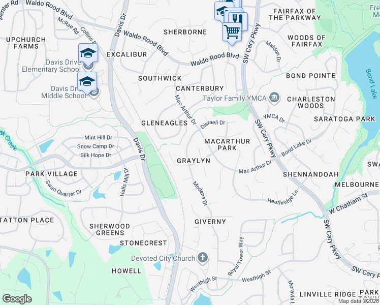 map of restaurants, bars, coffee shops, grocery stores, and more near 202 Barthel Drive in Cary