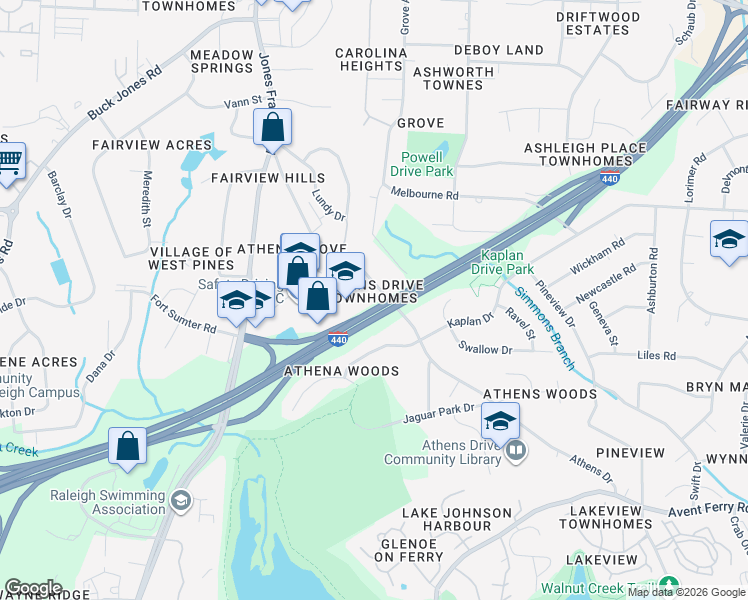 map of restaurants, bars, coffee shops, grocery stores, and more near 952 Athens Drive in Raleigh