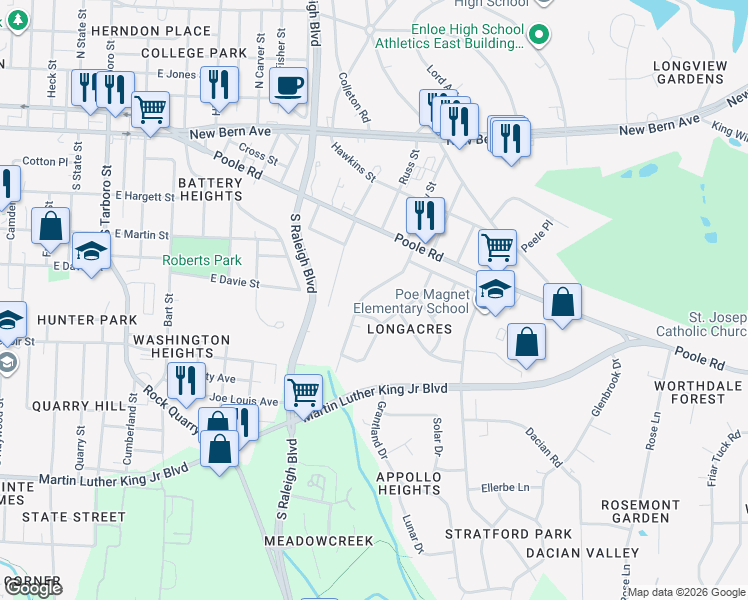 map of restaurants, bars, coffee shops, grocery stores, and more near 2113 Ramseur Street in Raleigh