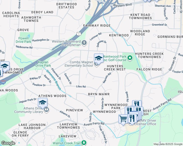 map of restaurants, bars, coffee shops, grocery stores, and more near 1901 Lorimer Road in Raleigh