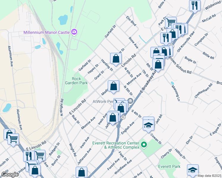 map of restaurants, bars, coffee shops, grocery stores, and more near 1622 Madison Avenue in Maryville