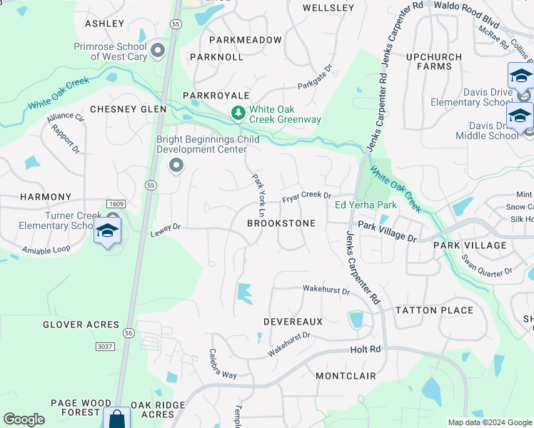 map of restaurants, bars, coffee shops, grocery stores, and more near 305 Park York Lane in Cary