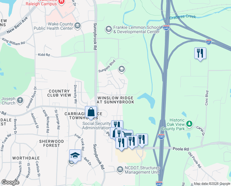 map of restaurants, bars, coffee shops, grocery stores, and more near 509 Erie Road in Raleigh