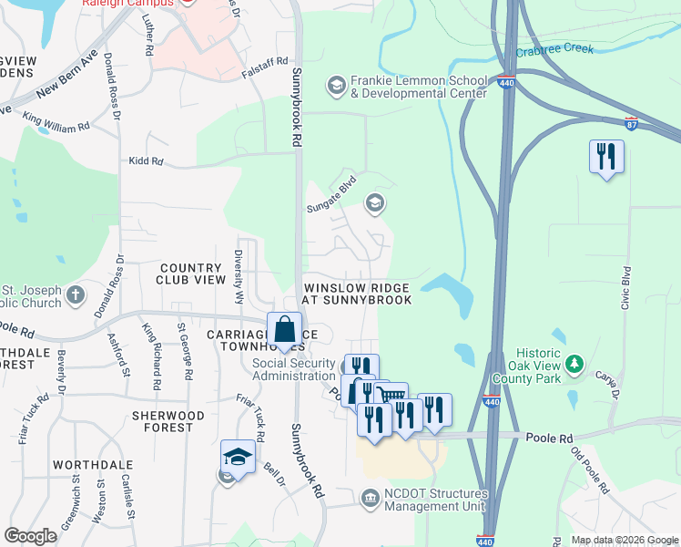 map of restaurants, bars, coffee shops, grocery stores, and more near 424 Alero Road in Raleigh