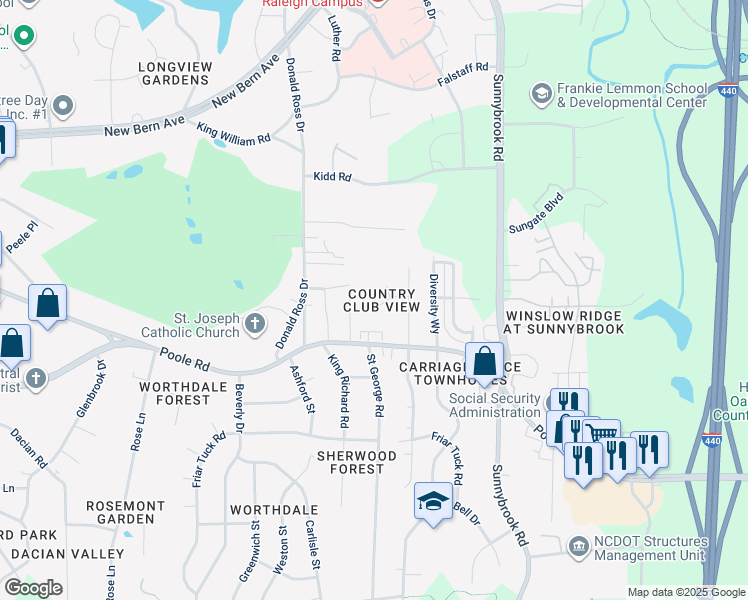 map of restaurants, bars, coffee shops, grocery stores, and more near 3104 Woodpecker Court in Raleigh