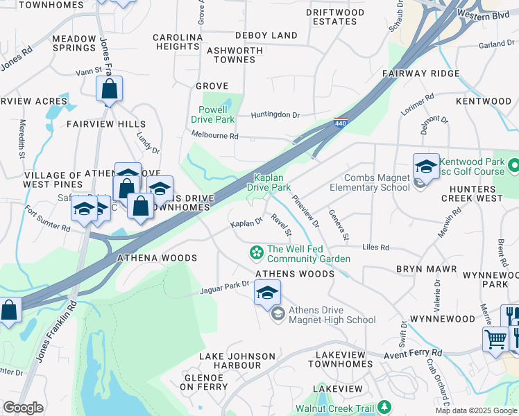 map of restaurants, bars, coffee shops, grocery stores, and more near 5220 Kaplan Drive in Raleigh