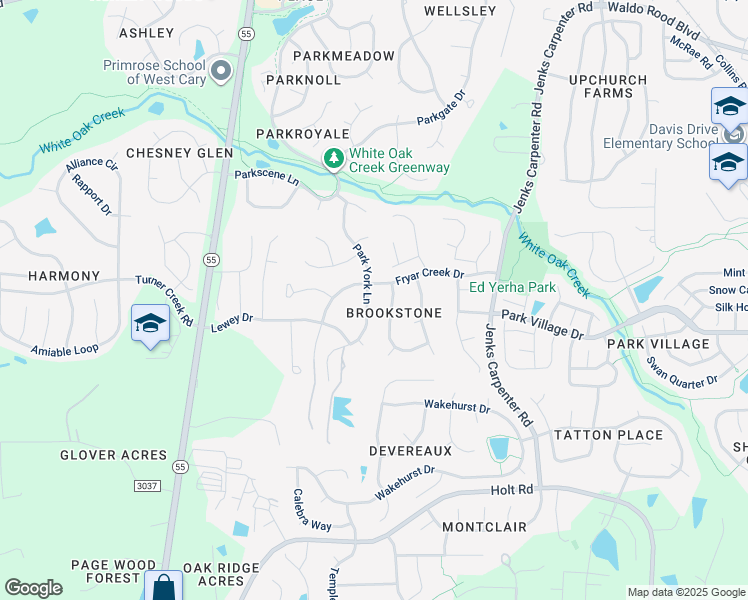 map of restaurants, bars, coffee shops, grocery stores, and more near 305 Park York Lane in Cary