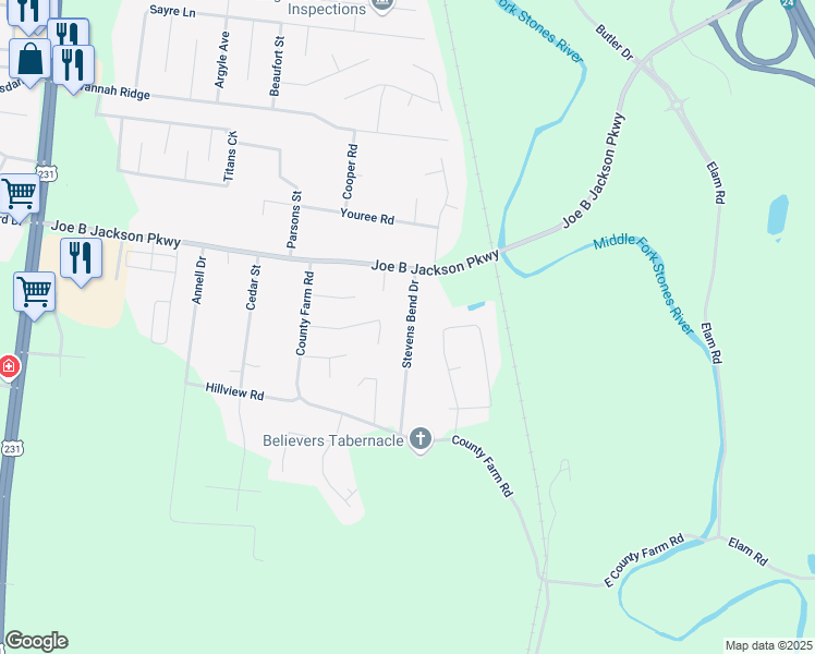 map of restaurants, bars, coffee shops, grocery stores, and more near 3573 Stevens Bend Drive in Murfreesboro