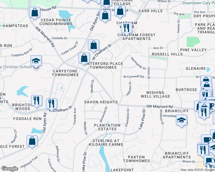 map of restaurants, bars, coffee shops, grocery stores, and more near 710 Southwest Maynard Road in Cary
