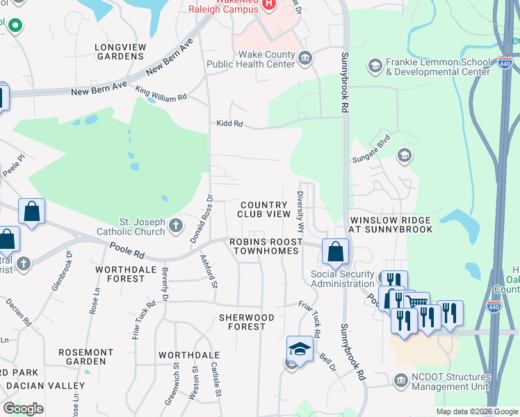 map of restaurants, bars, coffee shops, grocery stores, and more near 3120 Woodpecker Court in Raleigh