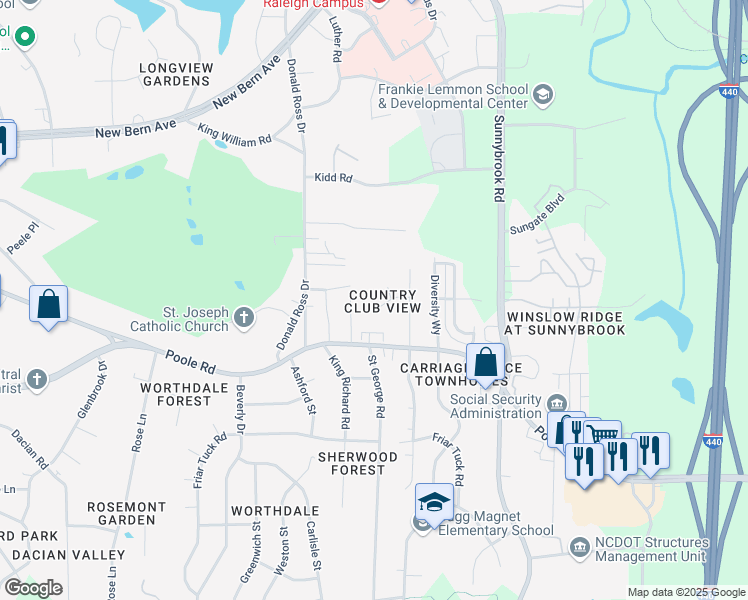 map of restaurants, bars, coffee shops, grocery stores, and more near 3104 Woodpecker Court in Raleigh