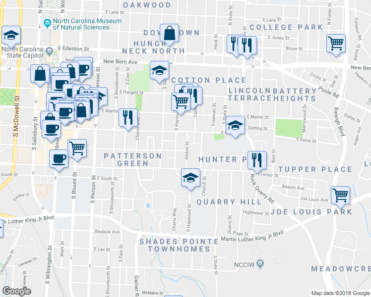 map of restaurants, bars, coffee shops, grocery stores, and more near 507 Alston Street in Raleigh