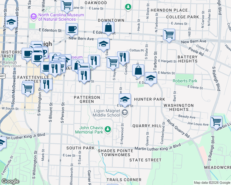 map of restaurants, bars, coffee shops, grocery stores, and more near 609 Hay Lane in Raleigh
