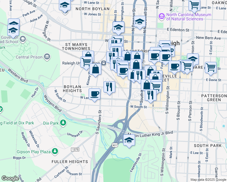 map of restaurants, bars, coffee shops, grocery stores, and more near in Raleigh