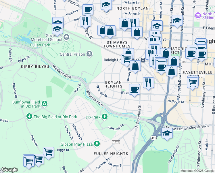 map of restaurants, bars, coffee shops, grocery stores, and more near 907 West Lenoir Street in Raleigh
