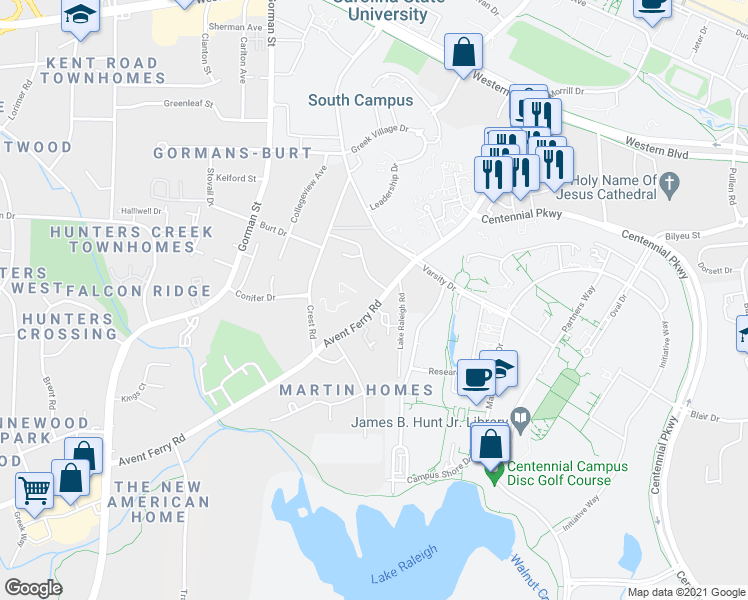 map of restaurants, bars, coffee shops, grocery stores, and more near 2505 Avent Ferry Road in Raleigh