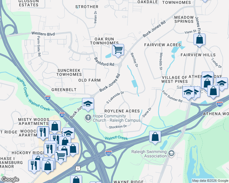 map of restaurants, bars, coffee shops, grocery stores, and more near 612 South Lakeside Drive in Raleigh