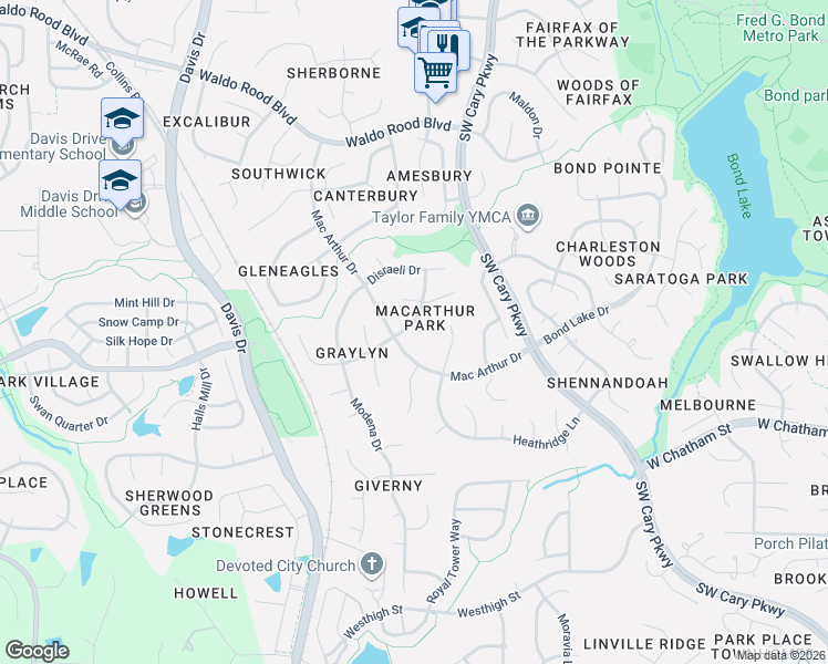 map of restaurants, bars, coffee shops, grocery stores, and more near 100 Polperro Drive in Cary