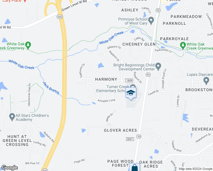 map of restaurants, bars, coffee shops, grocery stores, and more near 302 Affinity Lane in Cary