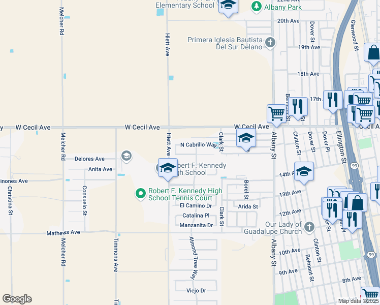 map of restaurants, bars, coffee shops, grocery stores, and more near 1470 Almond Tree Way in Delano