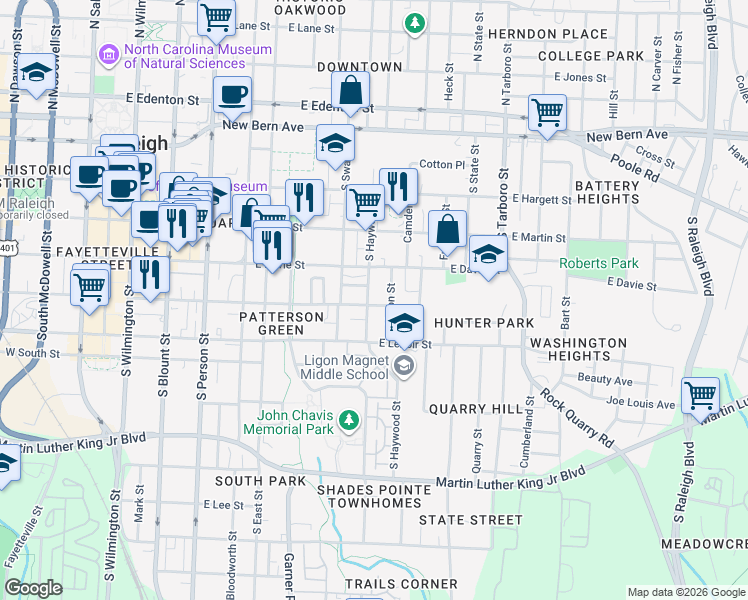 map of restaurants, bars, coffee shops, grocery stores, and more near 609 Hay Lane in Raleigh