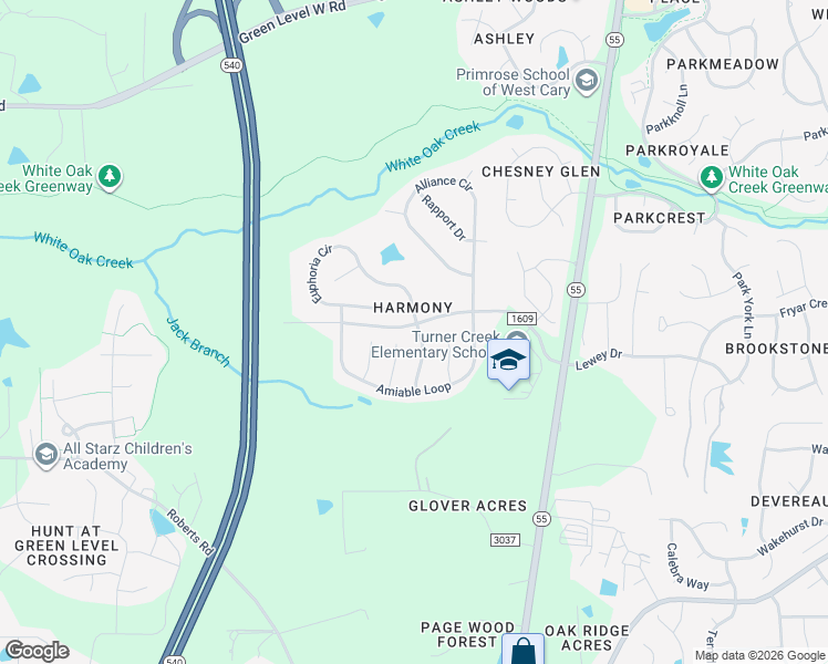 map of restaurants, bars, coffee shops, grocery stores, and more near 302 Affinity Lane in Cary