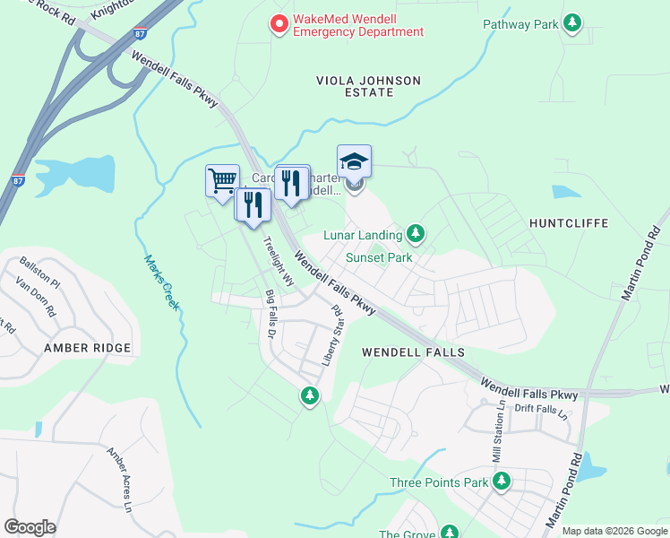 map of restaurants, bars, coffee shops, grocery stores, and more near 293 Douglas Falls Drive in Wendell