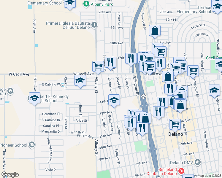 map of restaurants, bars, coffee shops, grocery stores, and more near Clinton Street in Delano