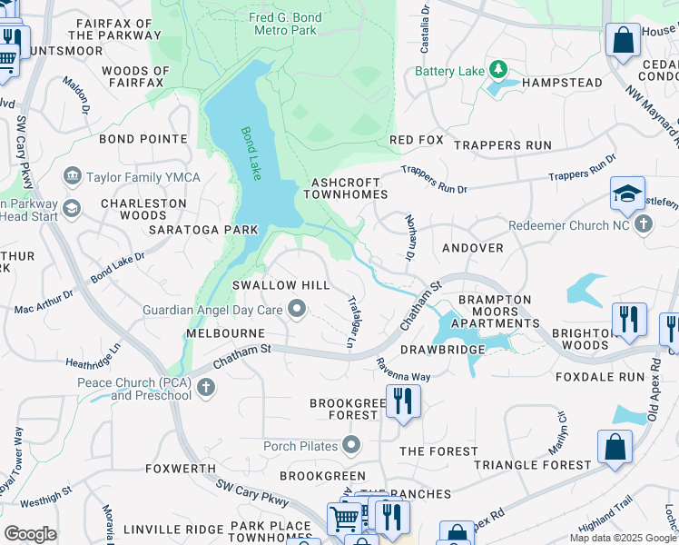 map of restaurants, bars, coffee shops, grocery stores, and more near 115 Ripley Court in Cary