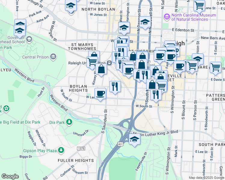 map of restaurants, bars, coffee shops, grocery stores, and more near 502 West Lenoir Street in Raleigh