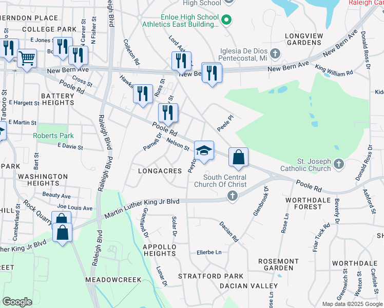 map of restaurants, bars, coffee shops, grocery stores, and more near 2308 Nelson Street in Raleigh