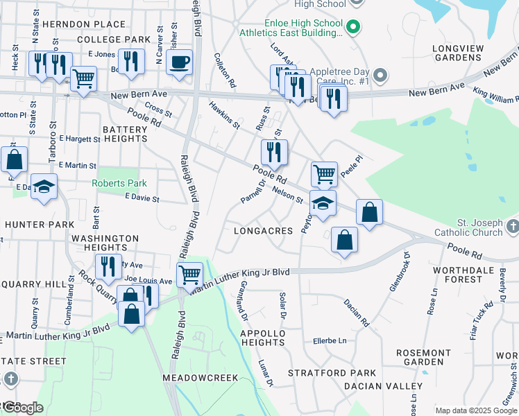 map of restaurants, bars, coffee shops, grocery stores, and more near 420 Lansing Street in Raleigh