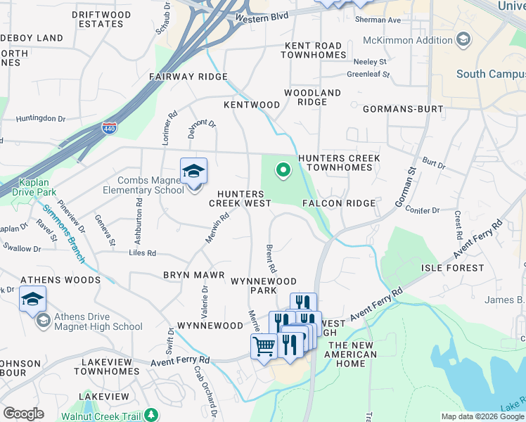 map of restaurants, bars, coffee shops, grocery stores, and more near 517 Merrie Road in Raleigh