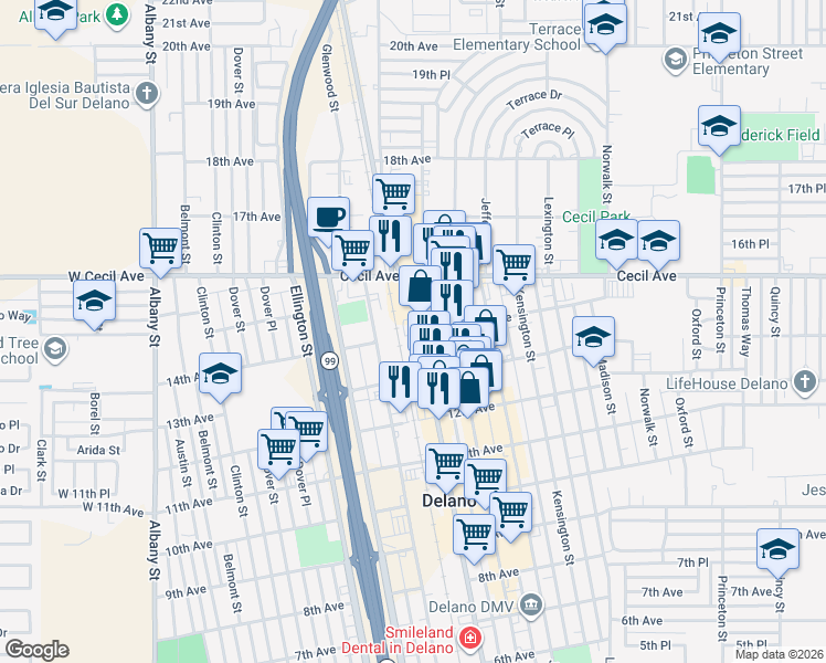 map of restaurants, bars, coffee shops, grocery stores, and more near 1407 High Street in Delano