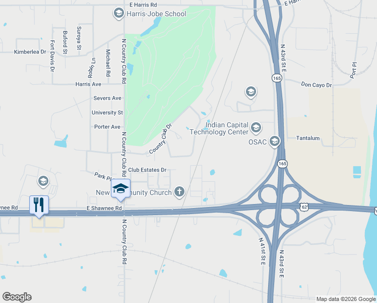 map of restaurants, bars, coffee shops, grocery stores, and more near 3801 Club View Drive in Muskogee