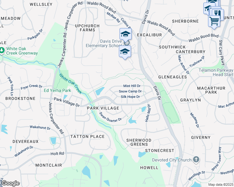 map of restaurants, bars, coffee shops, grocery stores, and more near 219 Snow Camp Drive in Cary