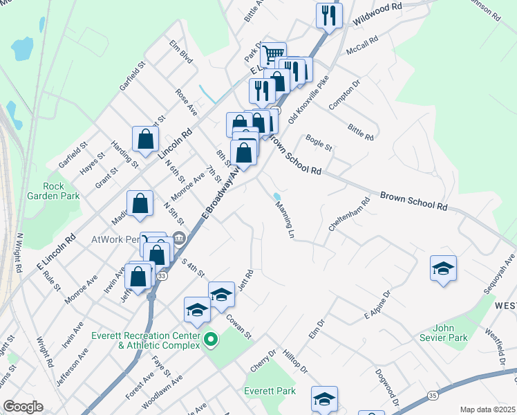 map of restaurants, bars, coffee shops, grocery stores, and more near 1802 Jett Road in Maryville