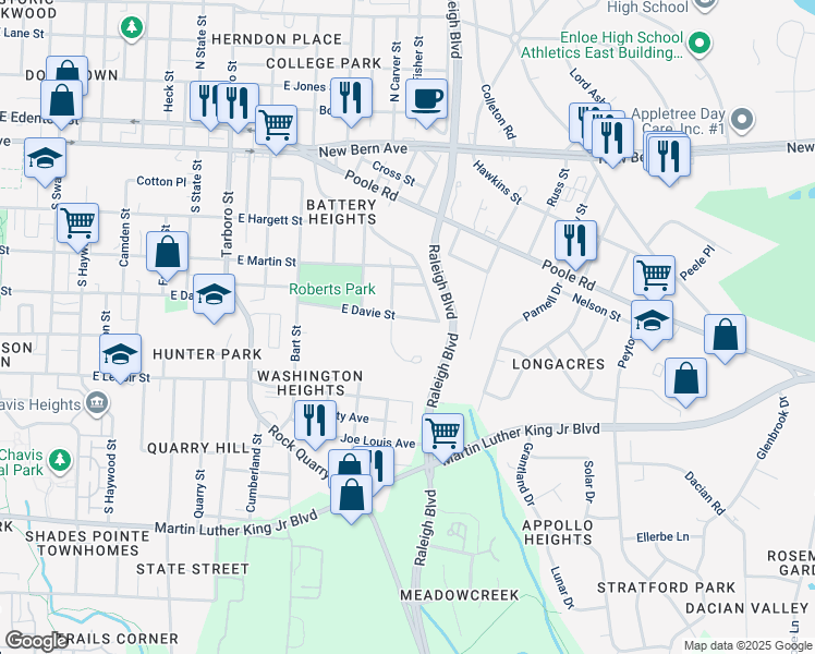 map of restaurants, bars, coffee shops, grocery stores, and more near 1604 East Davie Street in Raleigh