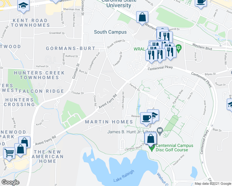 map of restaurants, bars, coffee shops, grocery stores, and more near 2505 Avent Ferry Road in Raleigh