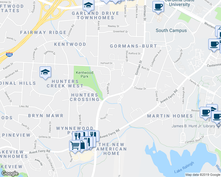 map of restaurants, bars, coffee shops, grocery stores, and more near in Raleigh